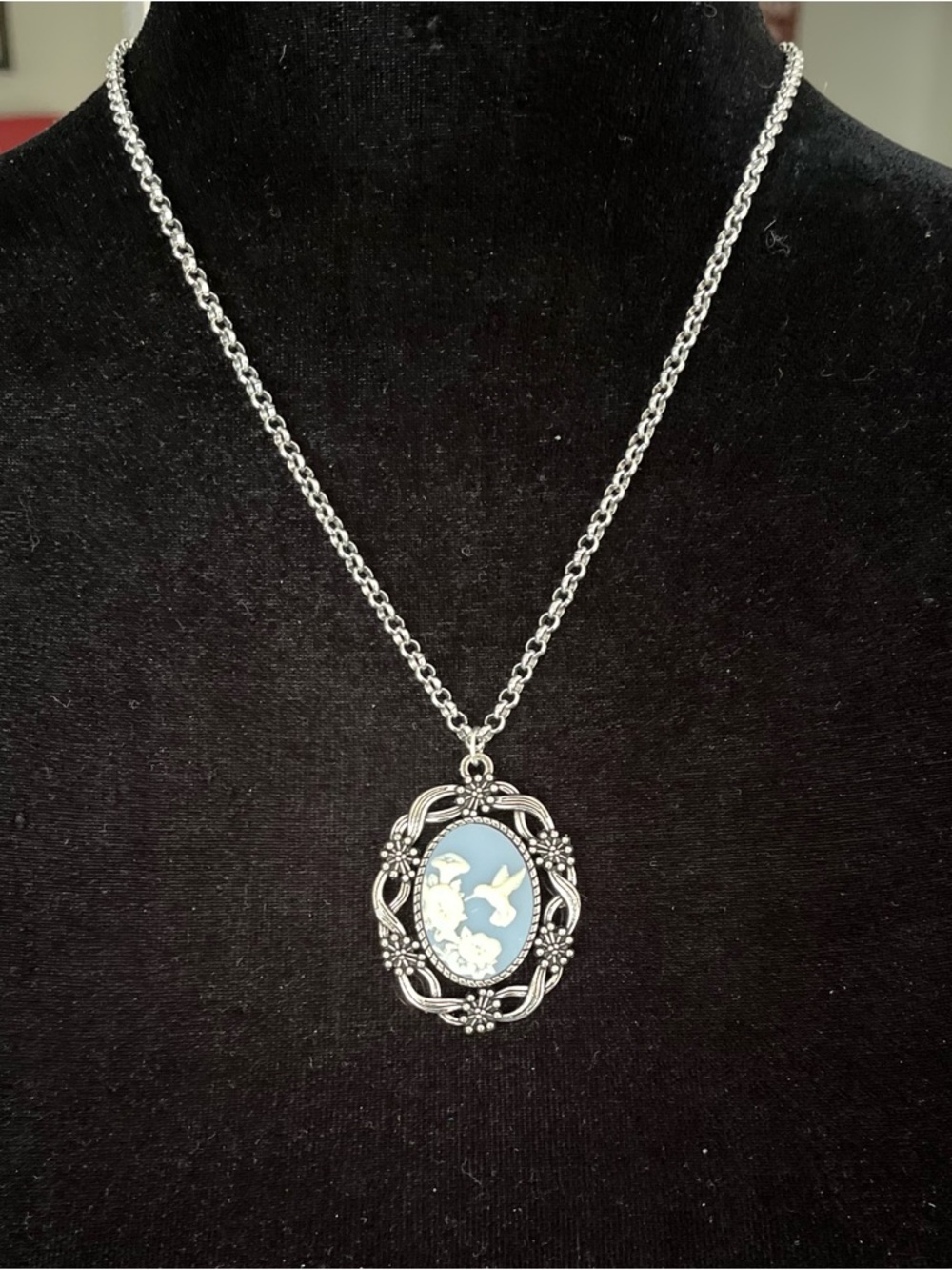 Hummingbird & Flowers Vintage Inspired Cameo Necklace Mothers Day Gift